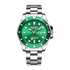 Mark Fairwhale men’s diver style watch with silver stainless steel case and bracelet, green bezel and green sunburst dial, front view on transparent background