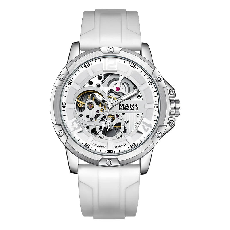 Mark Fairwhale TURBIX men’s luxury skeleton watch with white rubber strap and stainless steel case, tourbillon-style automatic movement.