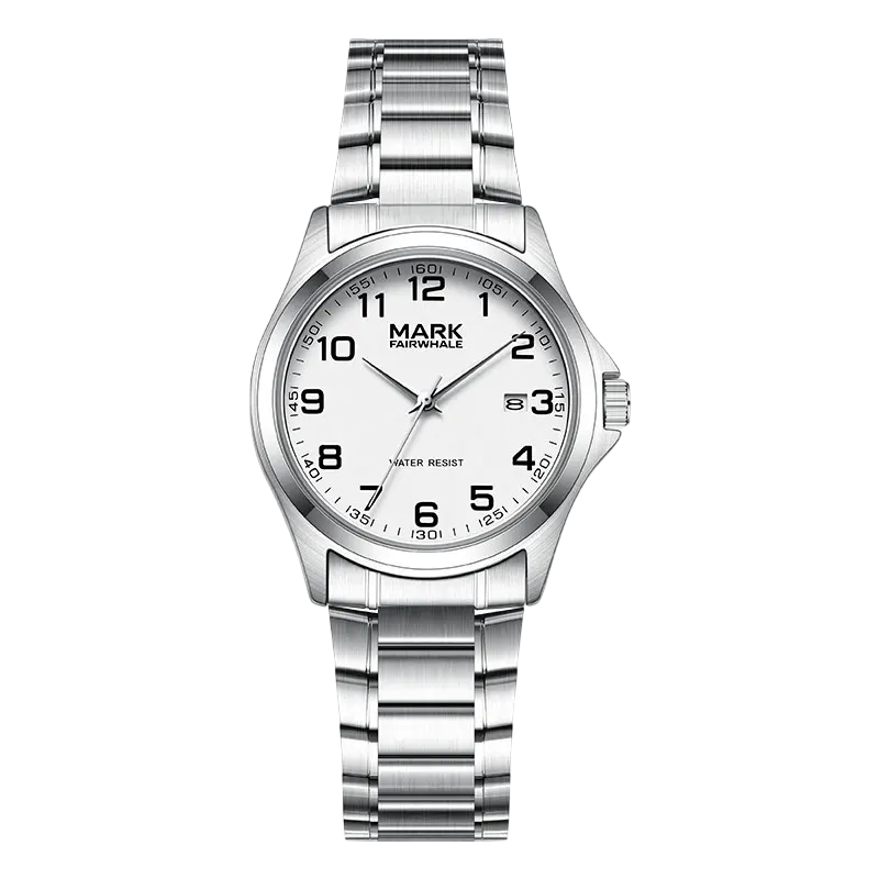 Mark Fairwhale men’s quartz watch with silver stainless steel case and bracelet, white dial with black Arabic numerals, partial front view on transparent background