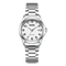 Mark Fairwhale men’s quartz watch with silver stainless steel case and bracelet, white dial with black Arabic numerals, partial front view on transparent background
