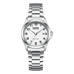 Mark Fairwhale men’s quartz watch with silver stainless steel case and bracelet, white dial with black Arabic numerals, partial front view on transparent background