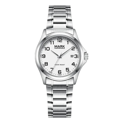 Mark Fairwhale men’s quartz watch with silver stainless steel case and bracelet, white dial with black Arabic numerals, partial front view on transparent background