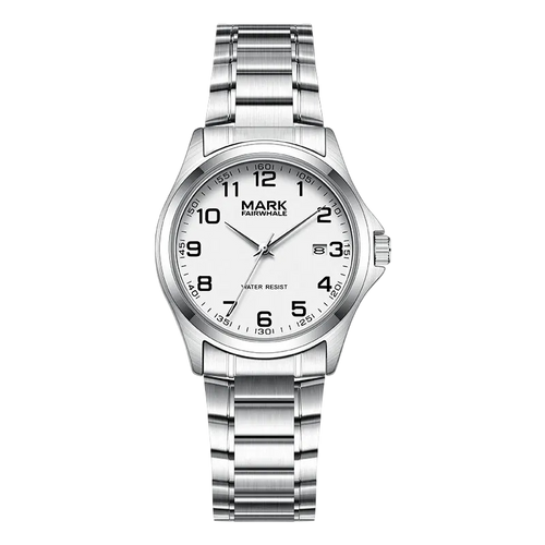 Mark Fairwhale men’s quartz watch with silver stainless steel case and bracelet, white dial with black Arabic numerals, partial front view on transparent background
