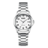 Mark Fairwhale men’s quartz watch with silver stainless steel case and bracelet, white dial with black Arabic numerals, partial front view on transparent background