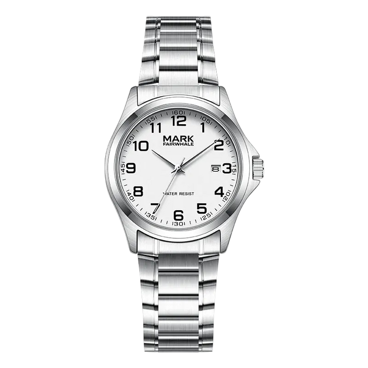 Mark Fairwhale men’s quartz watch with silver stainless steel case and bracelet, white dial with black Arabic numerals, partial front view on transparent background