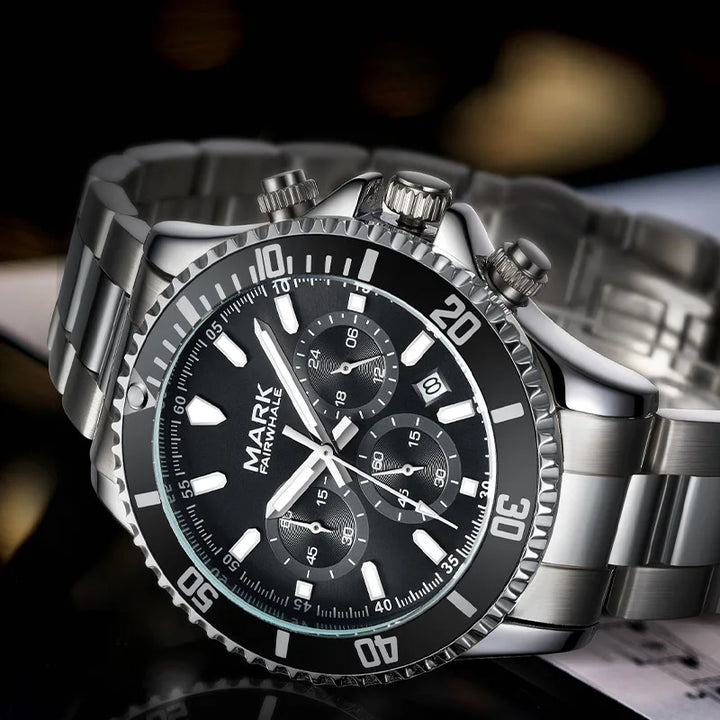 Mark Fairwhale men’s stainless steel chronograph watch with black dial, silver bracelet, and luminous hands – luxury waterproof timepiece for men.
