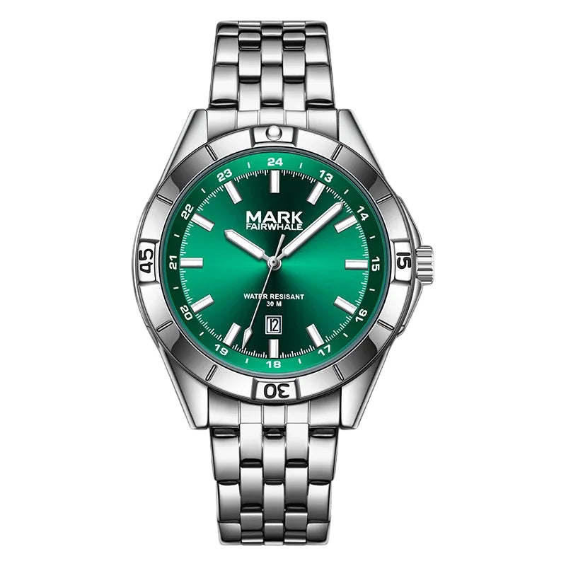 Mark Fairwhale men’s watch with silver stainless steel case and bracelet, green sunburst dial with date window, front view on transparent background