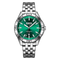 Mark Fairwhale men’s watch with silver stainless steel case and bracelet, green sunburst dial with date window, front view on transparent background
