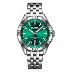 Mark Fairwhale men’s watch with silver stainless steel case and bracelet, green sunburst dial with date window, front view on transparent background