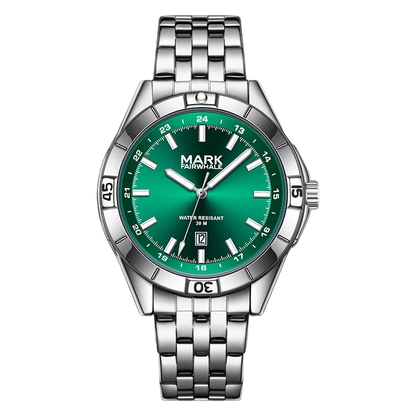 Mark Fairwhale men’s watch with silver stainless steel case and bracelet, green sunburst dial with date window, front view on transparent background