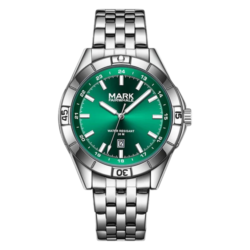 Mark Fairwhale men’s watch with silver stainless steel case and bracelet, green sunburst dial with date window, front view on transparent background