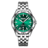 Mark Fairwhale men’s watch with silver stainless steel case and bracelet, green sunburst dial with date window, front view on transparent background
