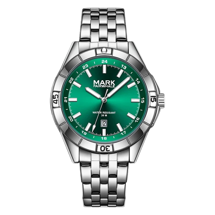 Mark Fairwhale men’s watch with silver stainless steel case and bracelet, green sunburst dial with date window, front view on transparent background