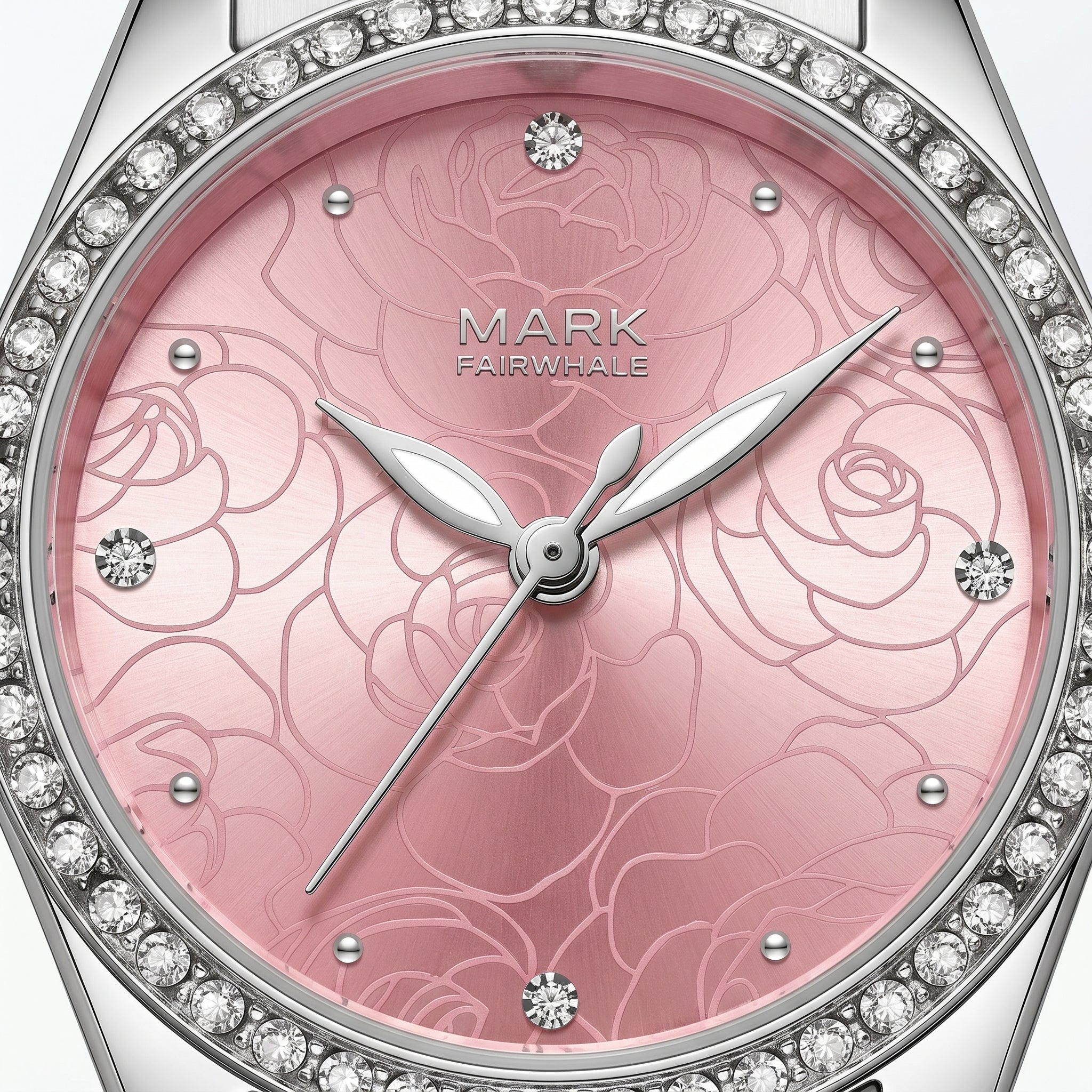 Mark Fairwhale pink floral dial watch with crystal bezel macro close-up