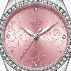 Mark Fairwhale pink floral dial watch with crystal bezel macro close-up