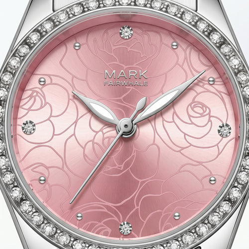 Mark Fairwhale pink floral dial watch with crystal bezel macro close-up