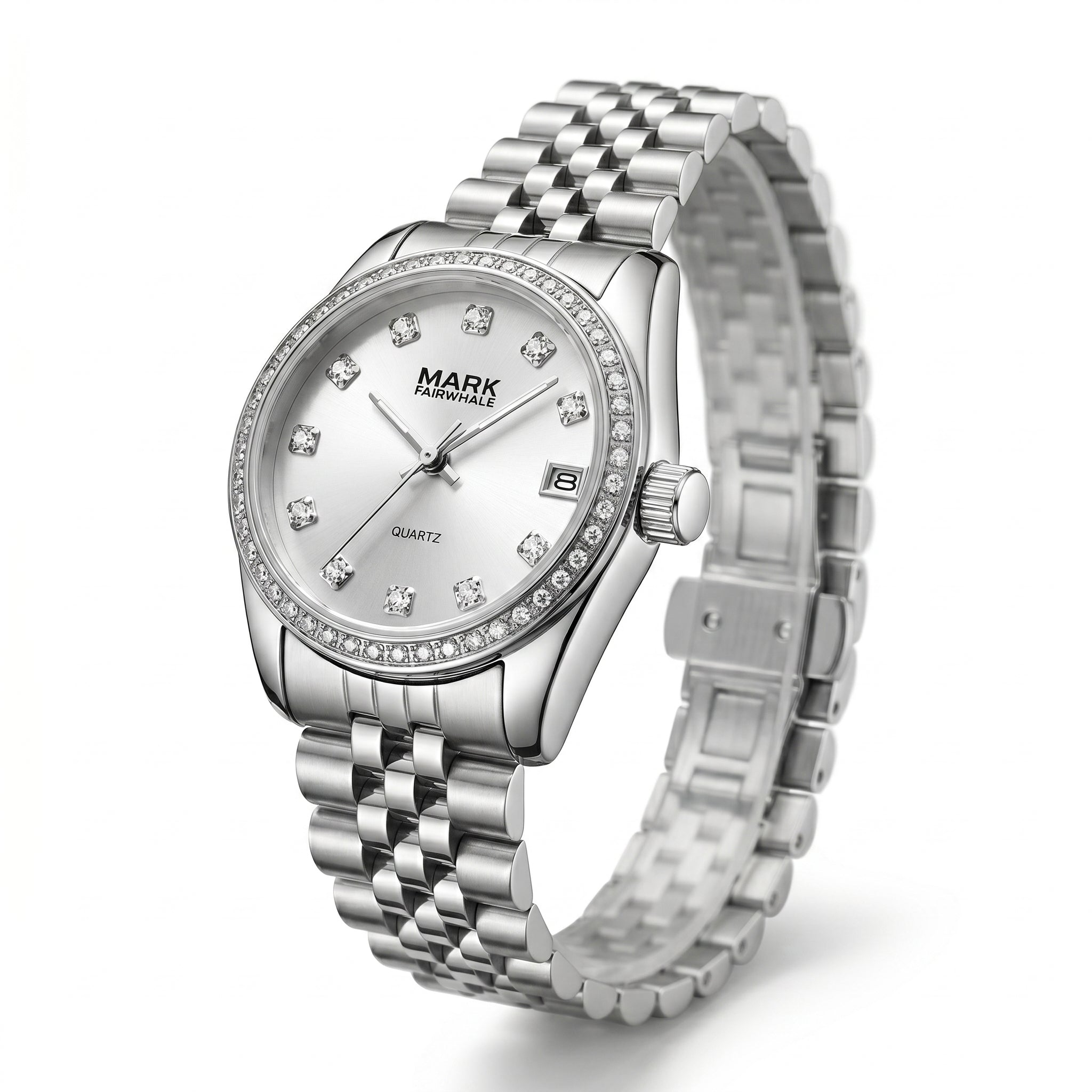 Mark Fairwhale silver crystal bezel watch with stainless steel bracelet in three quarter view