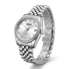 Mark Fairwhale silver crystal bezel watch with stainless steel bracelet in three quarter view