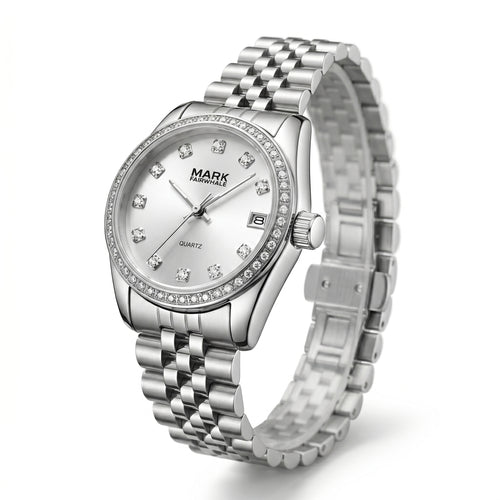 Mark Fairwhale silver crystal bezel watch with stainless steel bracelet in three quarter view