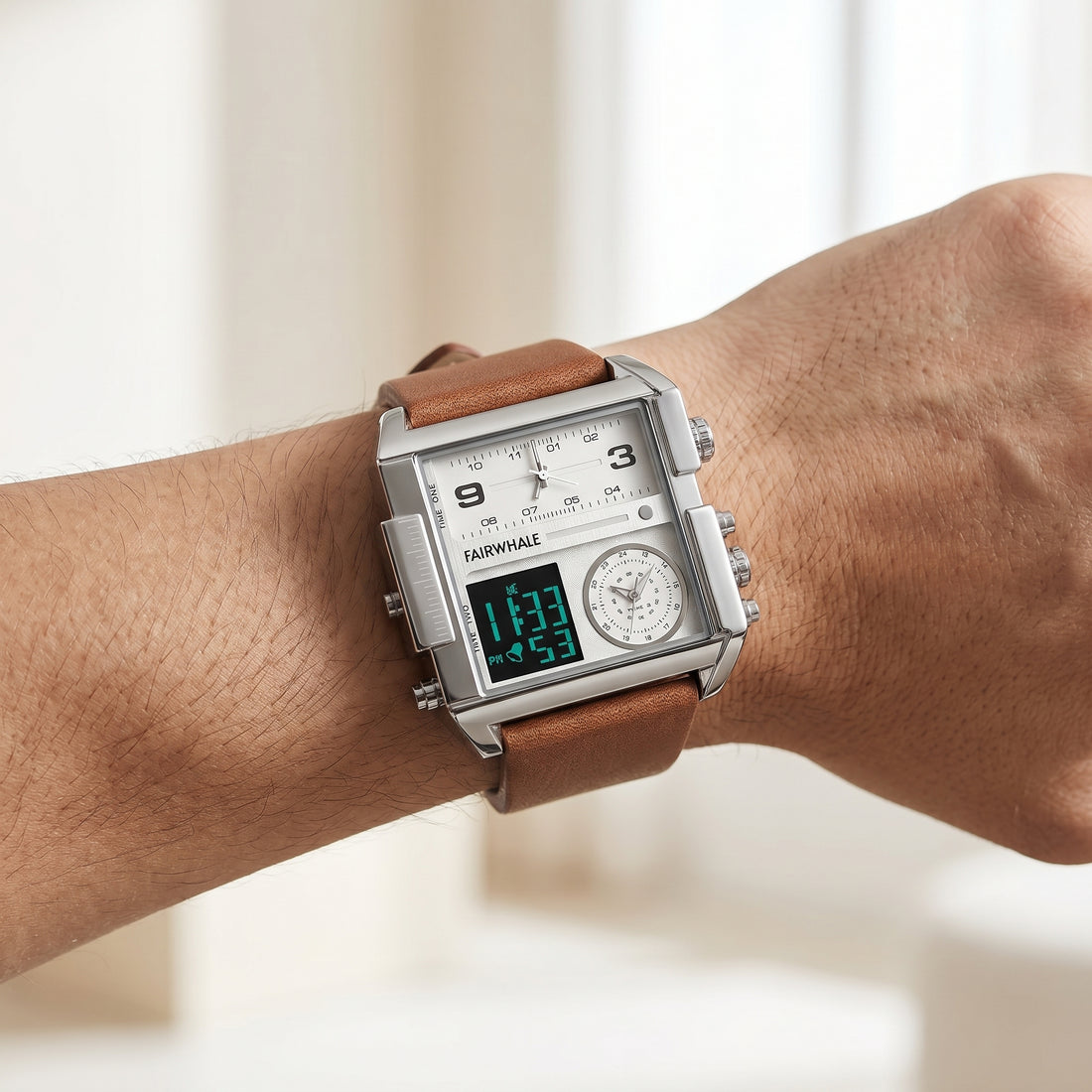 Mark Fairwhale silver multi-display watch with brown leather strap on wrist