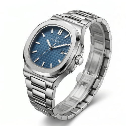 Mark Fairwhale silver stainless steel watch with blue textured dial in angled product view