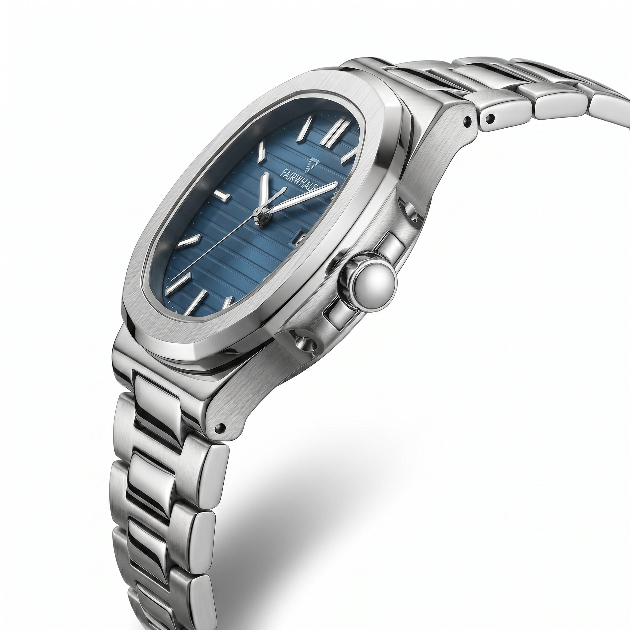 Mark Fairwhale silver watch with blue textured dial in three quarter angled view