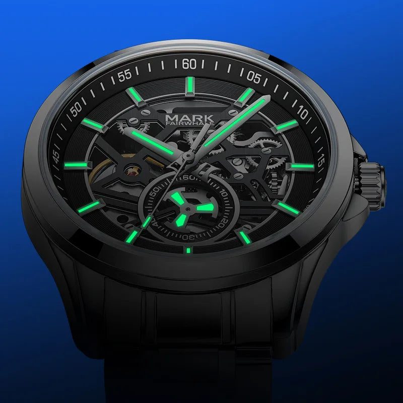 Mark Fairwhale VORTEXA FW-6011 skeleton automatic watch with black stainless steel finish and glowing luminous hands for night visibility.
