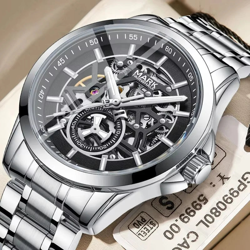 Angled view of Mark Fairwhale VORTEXA FW-6011 skeleton automatic watch with stainless steel bracelet and tourbillon-style dial.