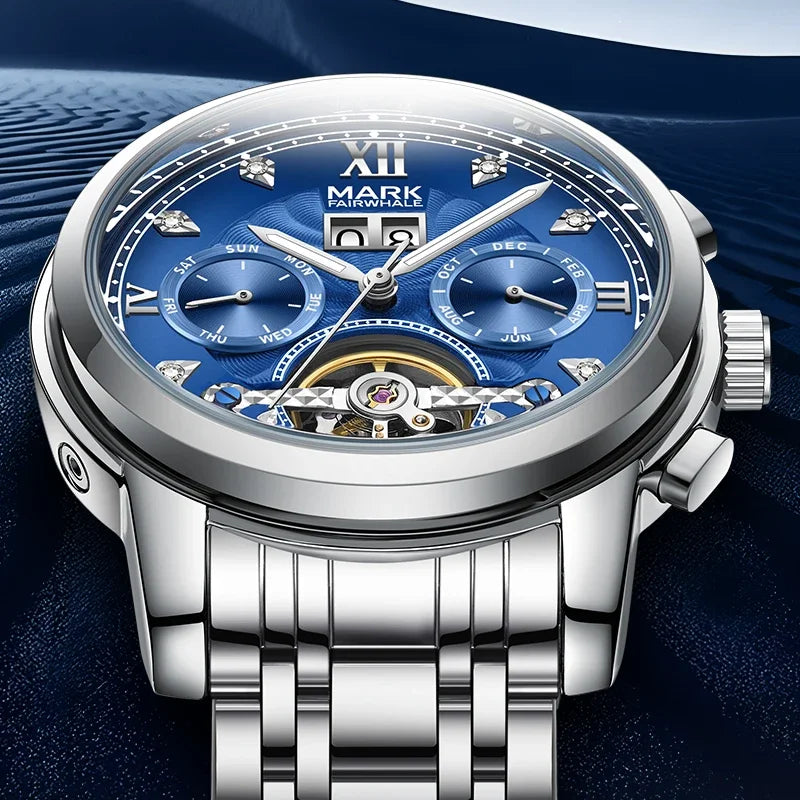 Close-up of Mark Fairwhale 6980 VALTOR skeleton tourbillon dial with full calendar display