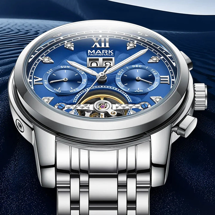 Close-up of Mark Fairwhale 6980 VALTOR skeleton tourbillon dial with full calendar display