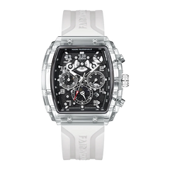 Mark Fairwhale square multifunction watch with transparent case, white rubber strap and black dial