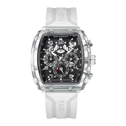 Mark Fairwhale square multifunction watch with transparent case, white rubber strap and black dial