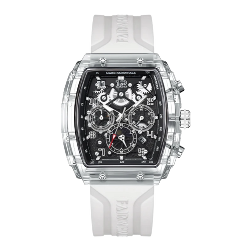 Mark Fairwhale square multifunction watch with transparent case, white rubber strap and black dial
