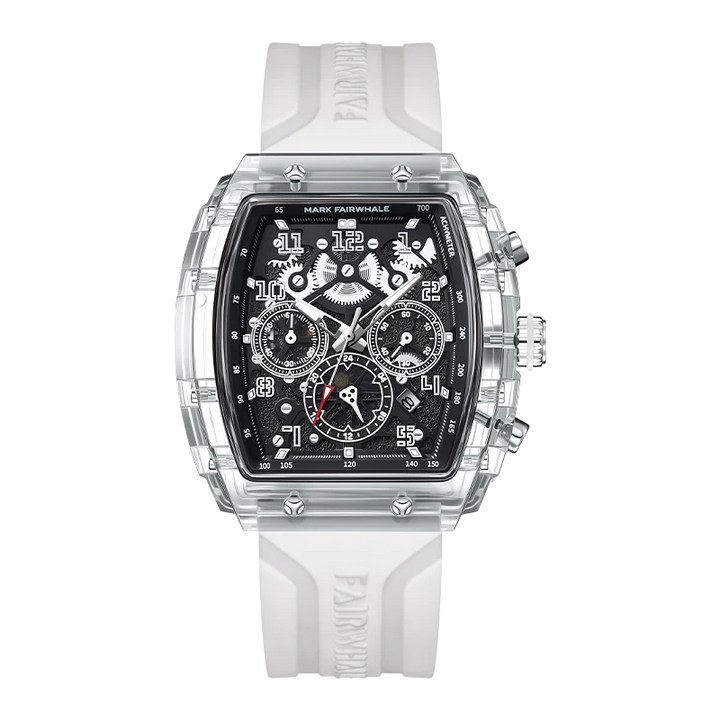 Mark Fairwhale square multifunction watch with transparent case, white rubber strap and black dial