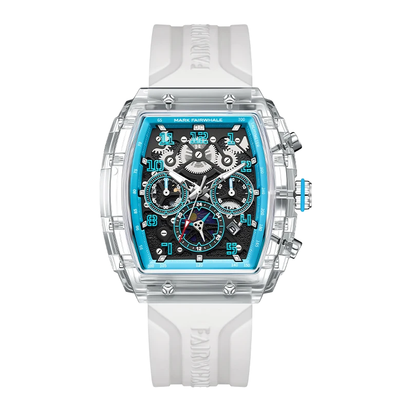 Mark Fairwhale square multifunction watch with transparent case, white strap and blue dial accents