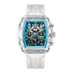 Mark Fairwhale square multifunction watch with transparent case, white strap and blue dial accents