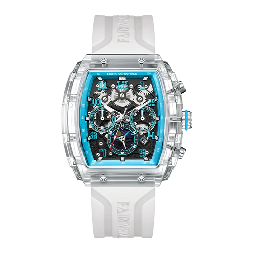 Mark Fairwhale square multifunction watch with transparent case, white strap and blue dial accents