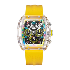 Mark Fairwhale square multifunction watch with transparent case, yellow rubber strap and multicolor dial accents