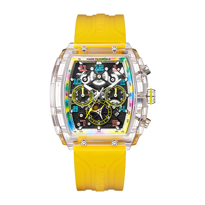 Mark Fairwhale square multifunction watch with transparent case, yellow rubber strap and multicolor dial accents