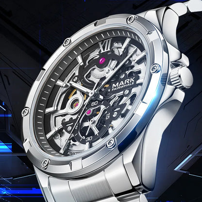 The polished stainless steel case frames the skeleton dial with luminous accents. Under blue light reflections, the AUREOX showcases its balance of executive elegance and technical artistry.