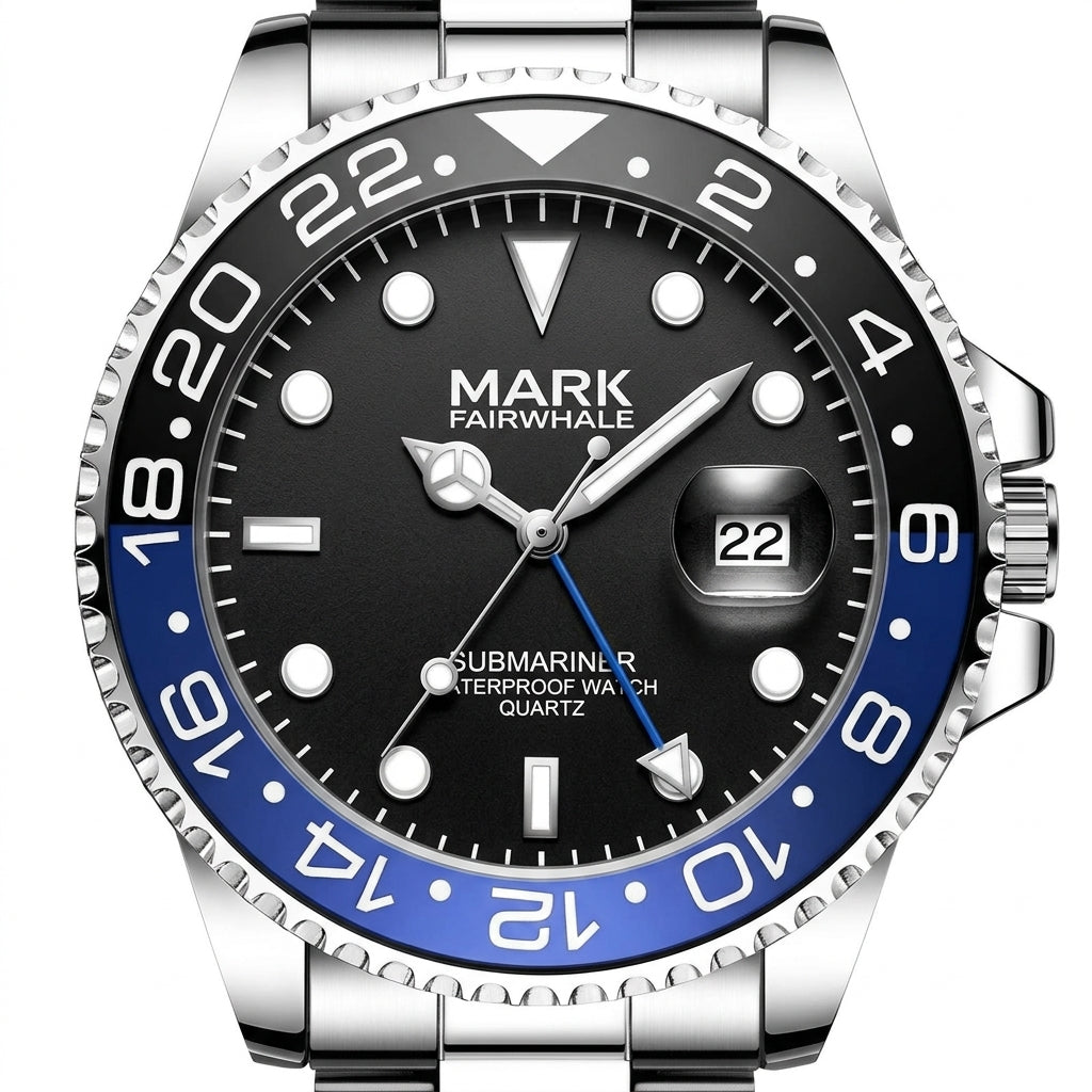 Mark Fairwhale watch with black face and blue bezel on a white background
