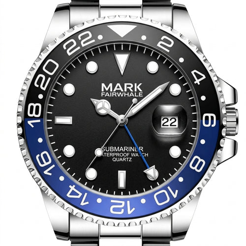 Mark Fairwhale watch with black face and blue bezel on a white background