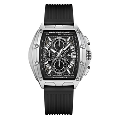 Mark Fairwhale watch with black strap and detailed face on a white background