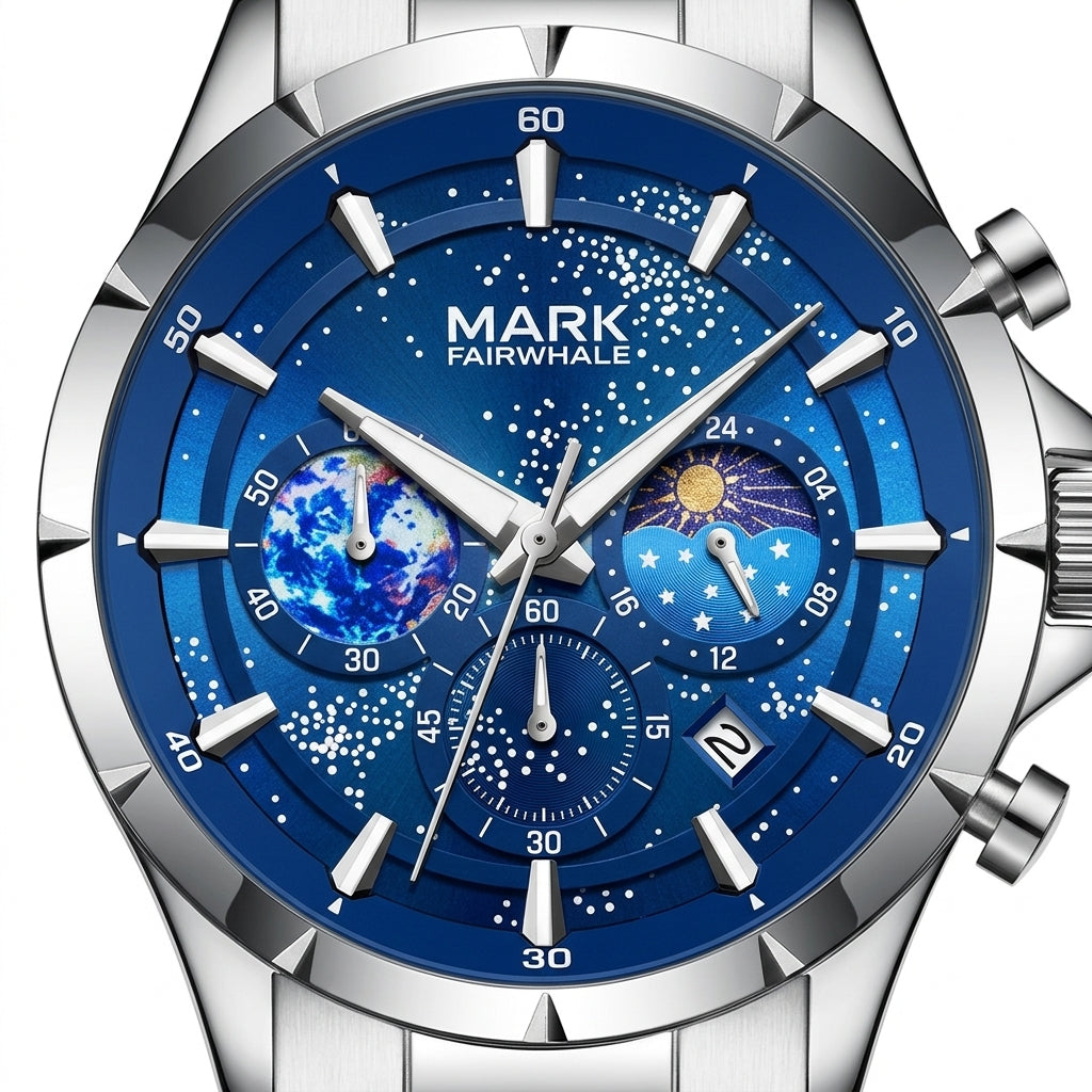 Mark Fairwhale watch with blue face and silver case on a white background