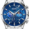 Mark Fairwhale watch with blue face and silver case on a white background