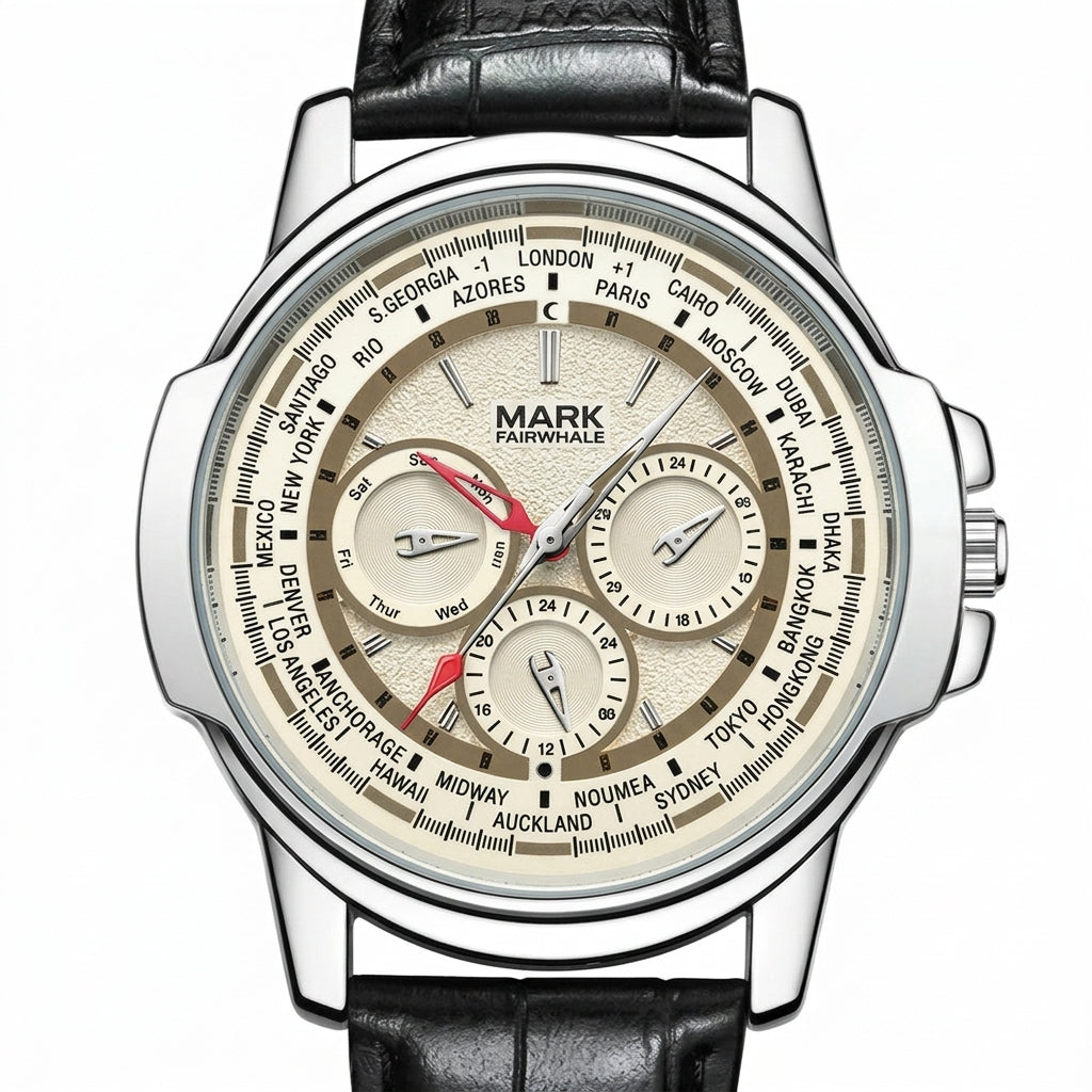 Mark Fairwhale watch with detailed face and black leather strap on a white background