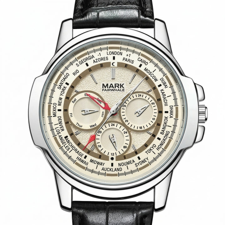 Mark Fairwhale watch with detailed face and black leather strap on a white background