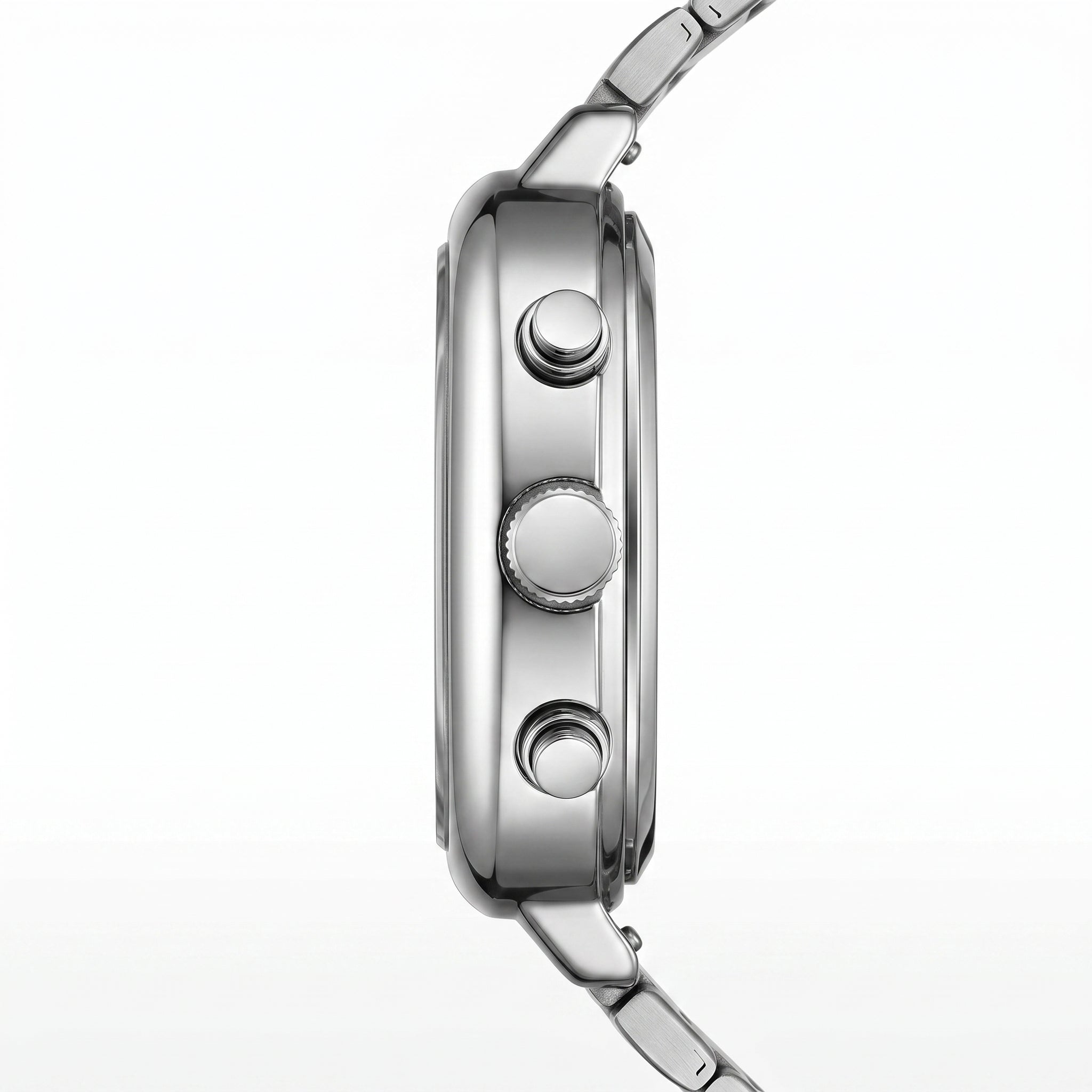 Close-up of a silver watch with detailed case design on a white background