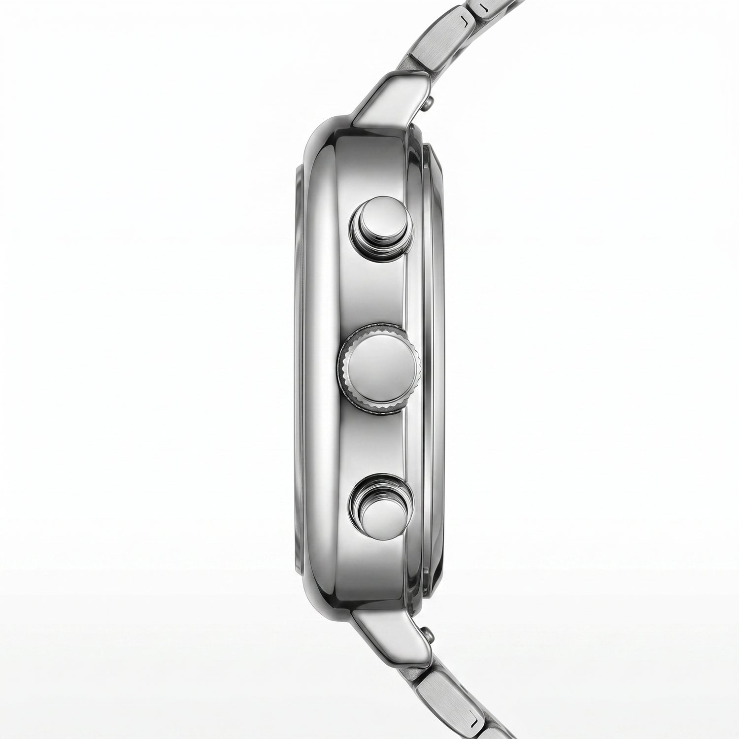Close-up of a silver watch with detailed case design on a white background