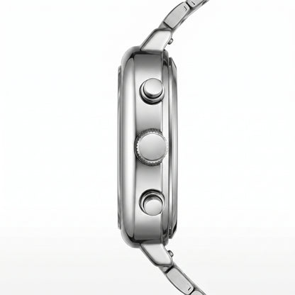 Close-up of a silver watch with detailed case design on a white background